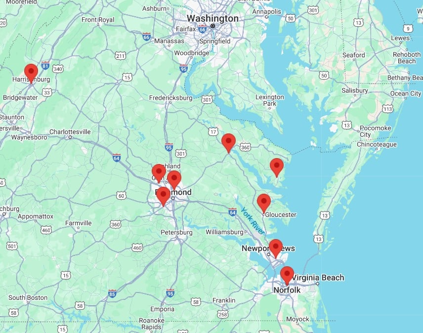 Map of Virginia showing nine locations where Master offices can be found: Glen Allen, Chesterfield, Richmond, Harrisonburg, Tappahannock, Kilmarnock, Hampton, and Norfolk.